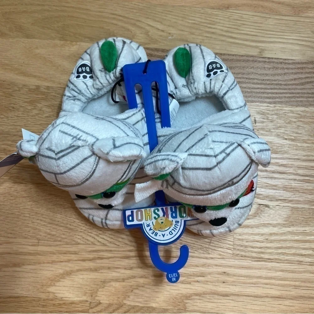 Build a Bear Mummy Slippers NWT 12-13 Kids White Green Halloween